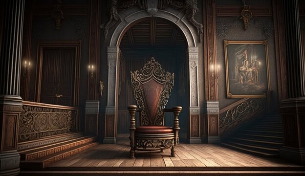 Very decorated empty throne in the castle hall. Postproducted generative AI digital illustration.