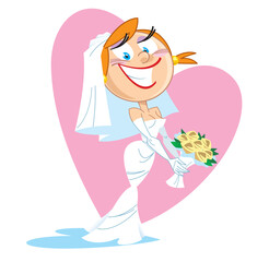 Bride at the wedding ceremony in a wedding dress with a bouquet of flowers in her hands against the background of a pink heart