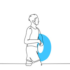man in summer clothes carries an inflatable circle for swimming - one line drawing vector. summer vacation concept by the pool or by the sea