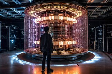 A person standing in front of a giant quantum computer, studying new technology