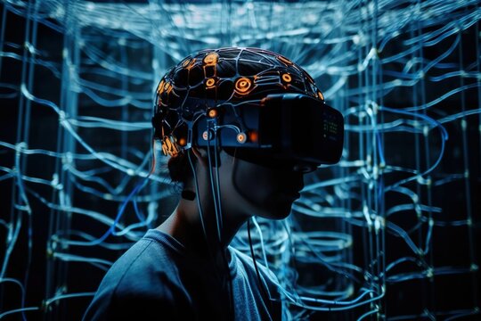 A Person wearing a Brain-Computer Interface and VR-Glasses