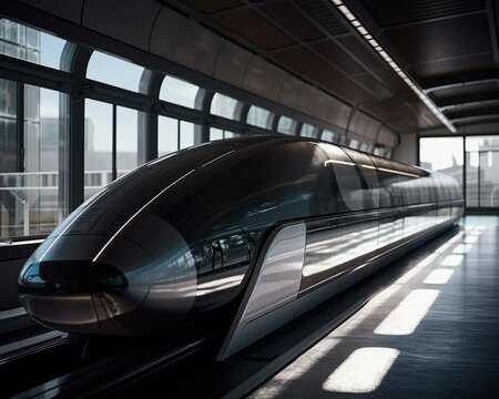 Transportation of the future in a futuristic hyperloop train