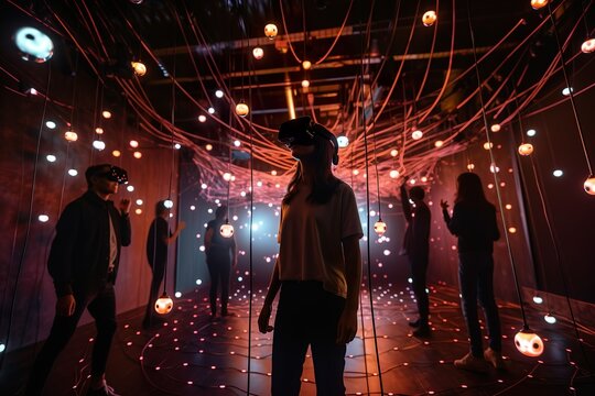 Group of people playling an immersive virtual reality game with VR-Glasses
