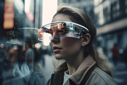 A Person exploring Augmented Reality with Smart Glasses to get real-time Information, with AI generated