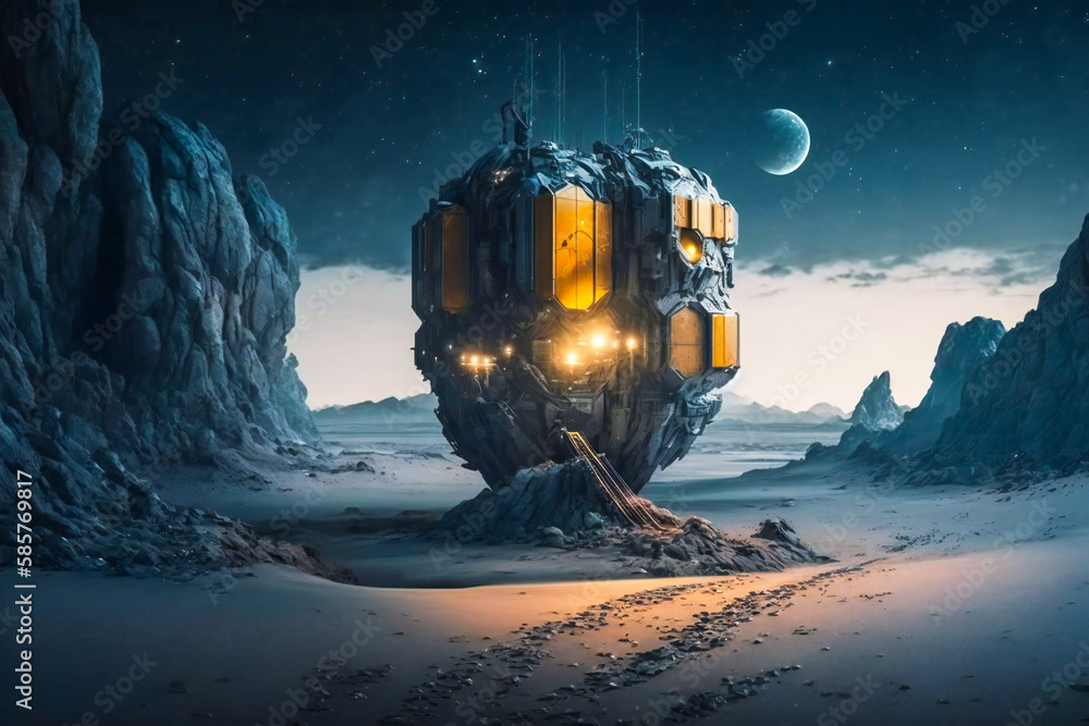 Poster asteroid mining, moon or alien planet mining facility. created with generative ai technology.