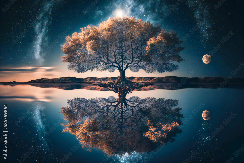 Poster illustration of a lone tree reflected in a lake in the nigh with a starry sky in background. created