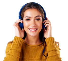Portrait, headphones and happy woman listening to podcast for rest and relaxation while isolated on a transparent, png background. Headset, music and smiling female enjoying digital audio