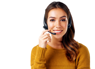 Call center, portrait and happy woman in customer service for telemarketing while isolated on a transparent, png background. Customer support, help desk and smiling female operator face