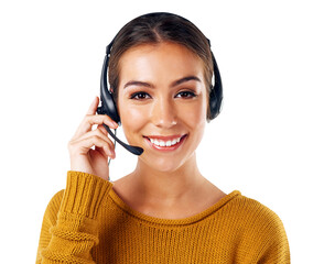 Contact us, customer service and portrait of a happy woman working in a call center while isolated...