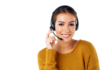 Customer service, portrait and smiling woman with headset for help and online communication isolated on a png background. Telemarketing, crm and smiling female operator for call center help