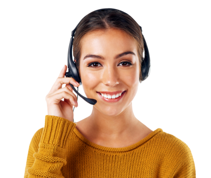 Contact us, customer service and portrait of a happy woman working in a call center while isolated on a transparent png background. Smile, female operator and telemarketing help or advice