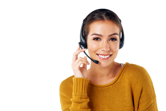 Customer service, portrait and smiling woman with headset for help and online communication isolated on a png background. Telemarketing, crm and smiling female operator for call center help