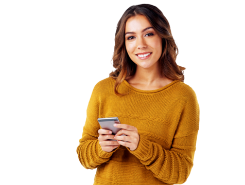 Portrait, text and smiling woman communicating with online contact for good news while isolated on a transparent, png background. Meme, scrolling and female search the internet on a smartphone