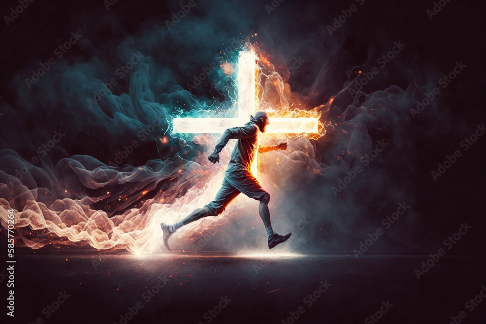 Wall mural man running into cross easter sunday special generative ai