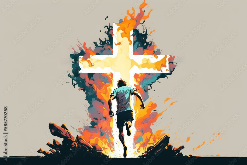 Wall mural man running into cross easter sunday special generative ai