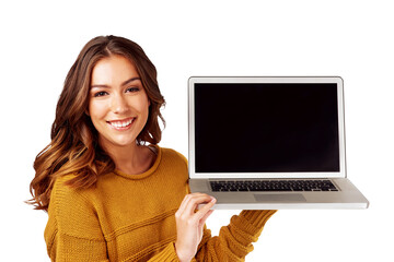 Portrait, happy woman and blank laptop for studying and elearning research online while isolated on...