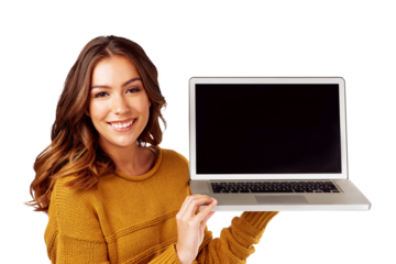 Portrait, happy woman and blank laptop for studying and elearning research online while isolated on a transparent, png background. Female student, smile and computer screen for digital education