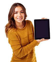 Smile, portrait and woman with blank tablet for internet research and online news while isolated on...