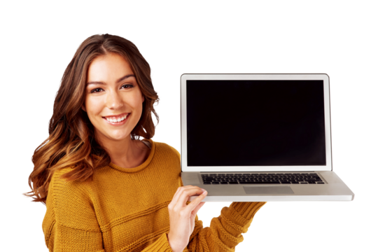 Portrait, happy woman and blank laptop for studying and elearning research online while isolated on a transparent, png background. Female student, smile and computer screen for digital education