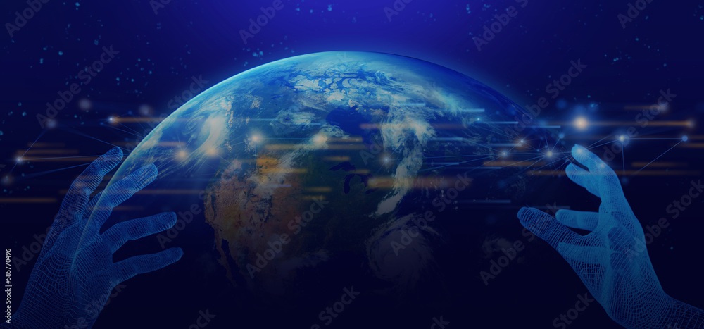 Poster earth and network of internet for telecom, data cloud storage, global networking of social data comm