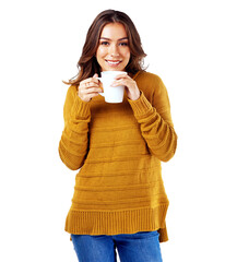 Portrait of a happy woman drinking coffee while relaxing isolated on a transparent, png background. tea, hot beverage and smiling female relaxing with a cafe drink for health and wellness with peace