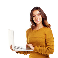 Naklejka premium Elearning, laptop and portrait of happy woman searching online for communication while isolated on a png background. Smiling female student, computer and digital research for education and learning