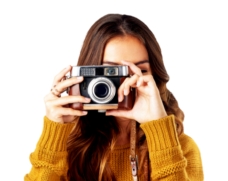 Photographer, camera and woman in studio on a photoshoot isolated on a transparent, png background. Photography, videography and professional female filming a fashion catalog with creativity