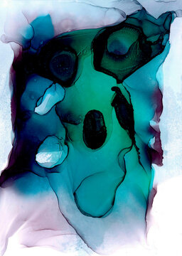 Watercolor wallpaper for holiday card or print. A dark bubbling cloud of magic smoke in the fluid art technique for a creative banner. Mystical pattern in blue-emerald gradient with spots and tunnels.
