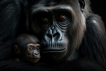 Obraz premium Mother Gorilla Cradles Infant in Arms, Gently Grooming and Cuddling with Tender Love by Generative AI