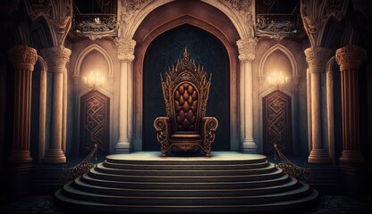 Very decorated empty throne in the castle hall. Postproducted generative AI digital illustration.