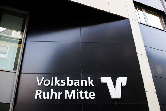 gelsenkirchen, north rhine westphalia, germany - 16 03 2023: a sign of the german volksbank ruhr mitte bank
