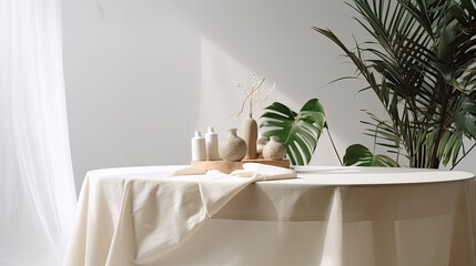 Luxury Skincare Display: Soft Beige Cotton Tablecloth with Tropical Dracaena Tree Created Using Generative AI