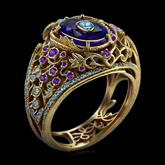 Fantasy gold ring with Diamond on White background
