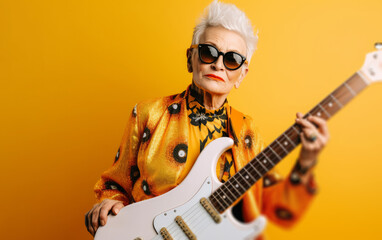 Portrait of a cool trendy old woman playing a guitar. Generative ai - obrazy, fototapety, plakaty