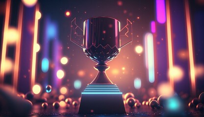 Winner trophy on a stage at studio illuminated by neon lights with blurred background. Postproducted generative AI digital illustration.