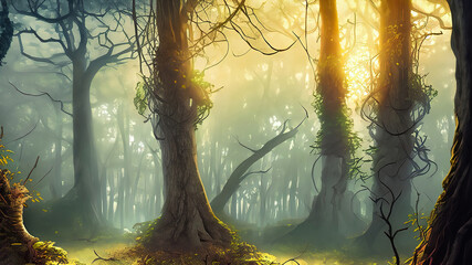 Fantasy landscape with enchanted misty forest background