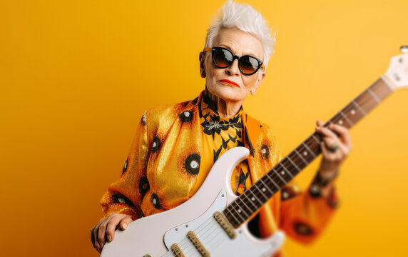 Portrait of a cool trendy old woman playing a guitar. Generative ai