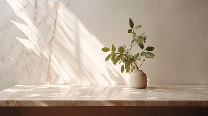 Luxurious Background for Beauty Products: White Marble Counter and Leaf Shadow on Beige Brown Cement Wall Created Using Generative AI