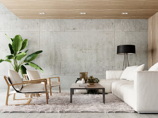 Modern natural interior design of living room with white sofa and empty concrete wall background. 3D Rendering, 3D Illustration © hd3dsh