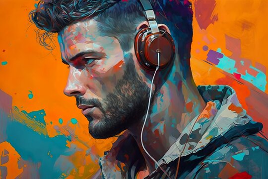 Men with headphones, music, colorful
