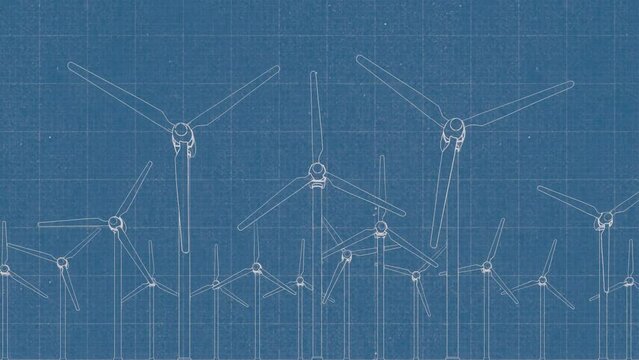 An animated blueprint showcasing multiple wind turbines in motion.