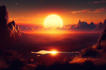 Cartoon nature landscape beautiful sunset at field. Generative Ai