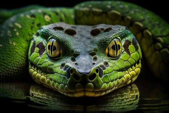 Stunning Close-up Images of Green Anaconda, Capturing Intricate Scale Details and Muscular Body by Generative AI