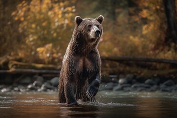 Grizzly Bear Stands on Hind Legs, Thick Fur and Powerful Presence Formidable as It Scans River for Salmon by Generative AI