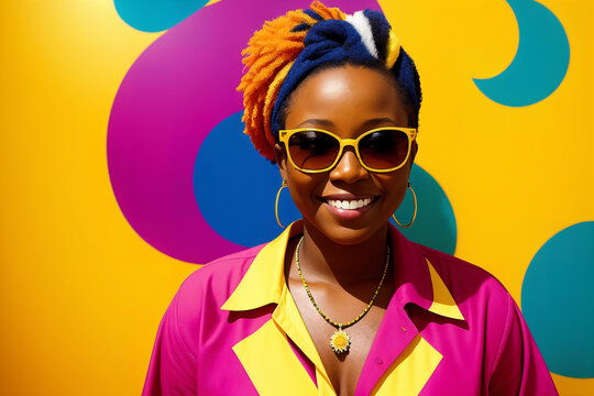 Portrait of an african woman with colorful mohawk hair and sunglasses on abstract painted background, summer vibrancy. Generative AI.