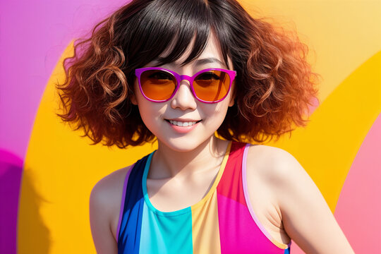 Portrait of an young asian woman in sunglasses on abstract painted background, summer vibrancy. Generative AI.