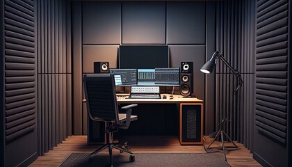 Create a modern podcast studio with soundproofing panels, high-quality microphones, and a mixing console." Generative AI