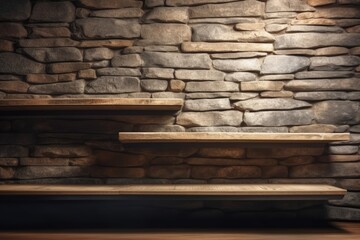serene outdoor setting with a stone wall and a wooden bench. Generative AI