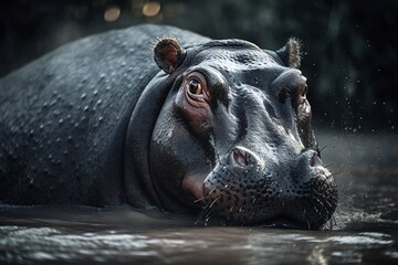 Fototapeta premium Hippopotamus Wades Through Murky River Waters, Massive Size and Unique Facial Features Sign of Immense Power by Generative AI