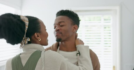 Kitchen, dancing couple and love of black people at home busy with a fun dance together. Happy, romance and commitment of a girlfriend and boyfriend about to cook spending quality time with care